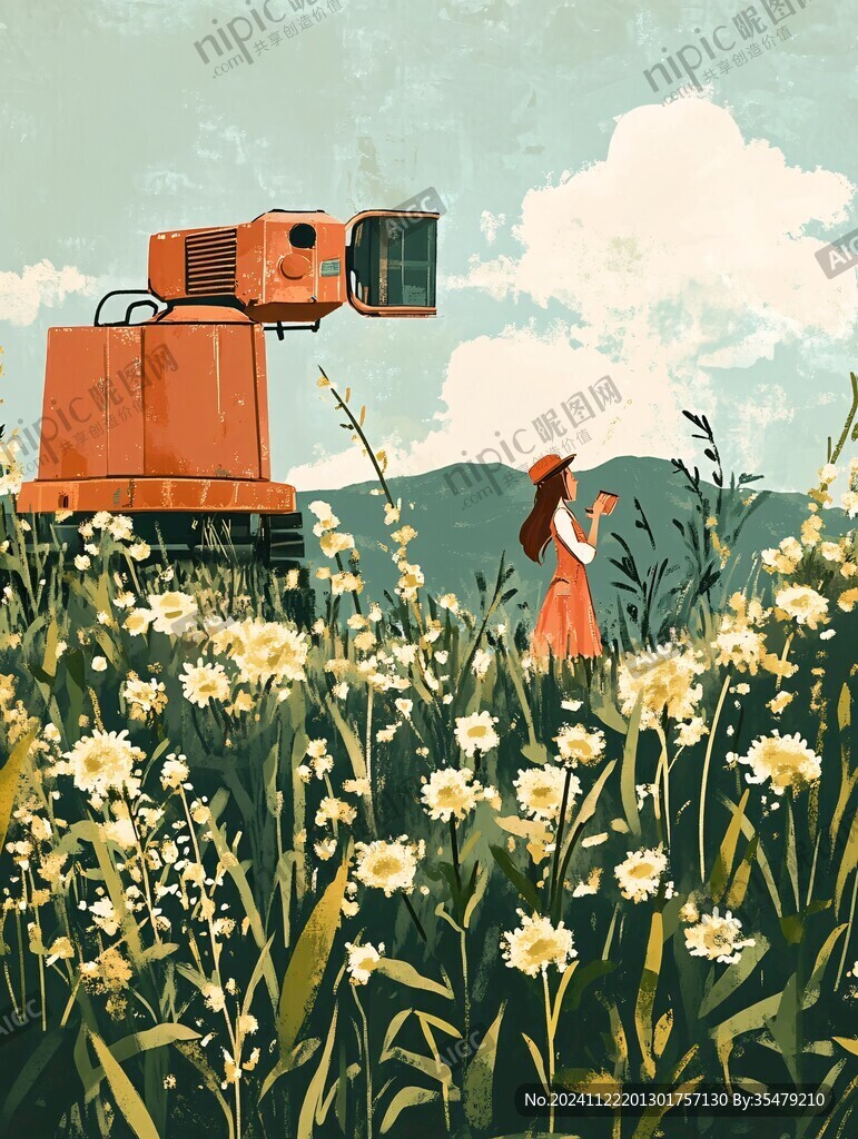 花叢女孩插畫