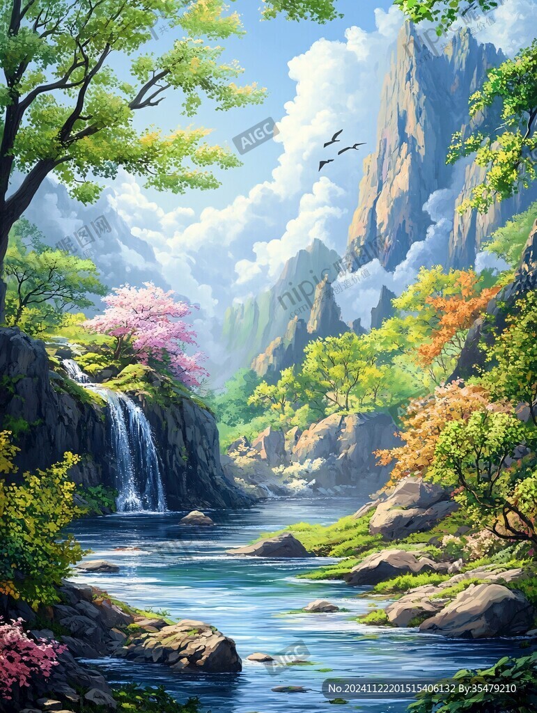 山水風景油畫瀑布