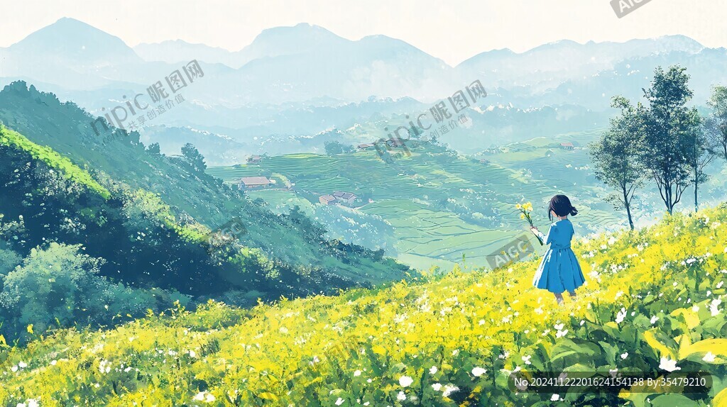 手繪茶園插畫女孩