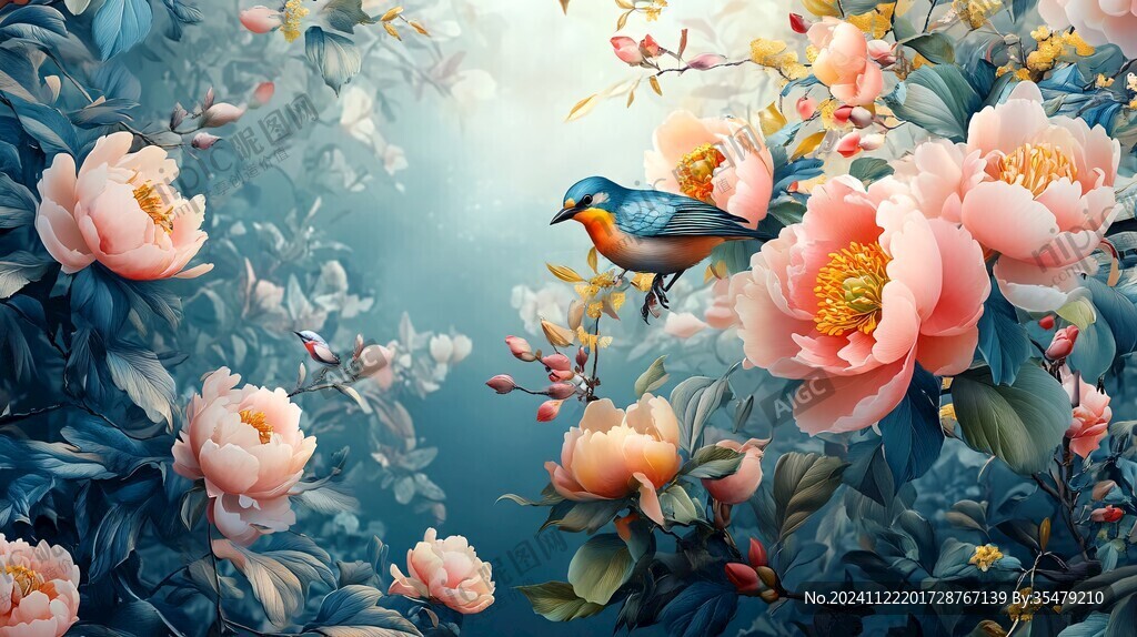 新中式牡丹花鳥圖