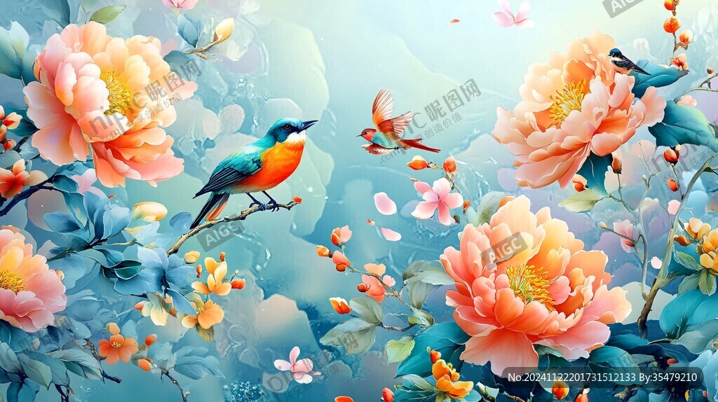 新中式牡丹花鳥圖