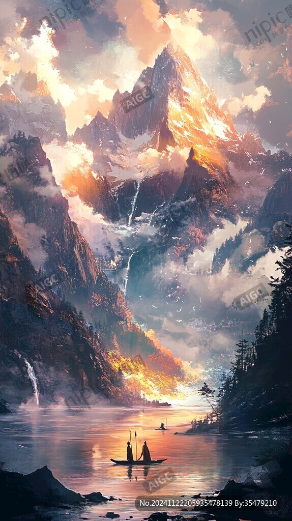 雪山漁舟河流山峰環保