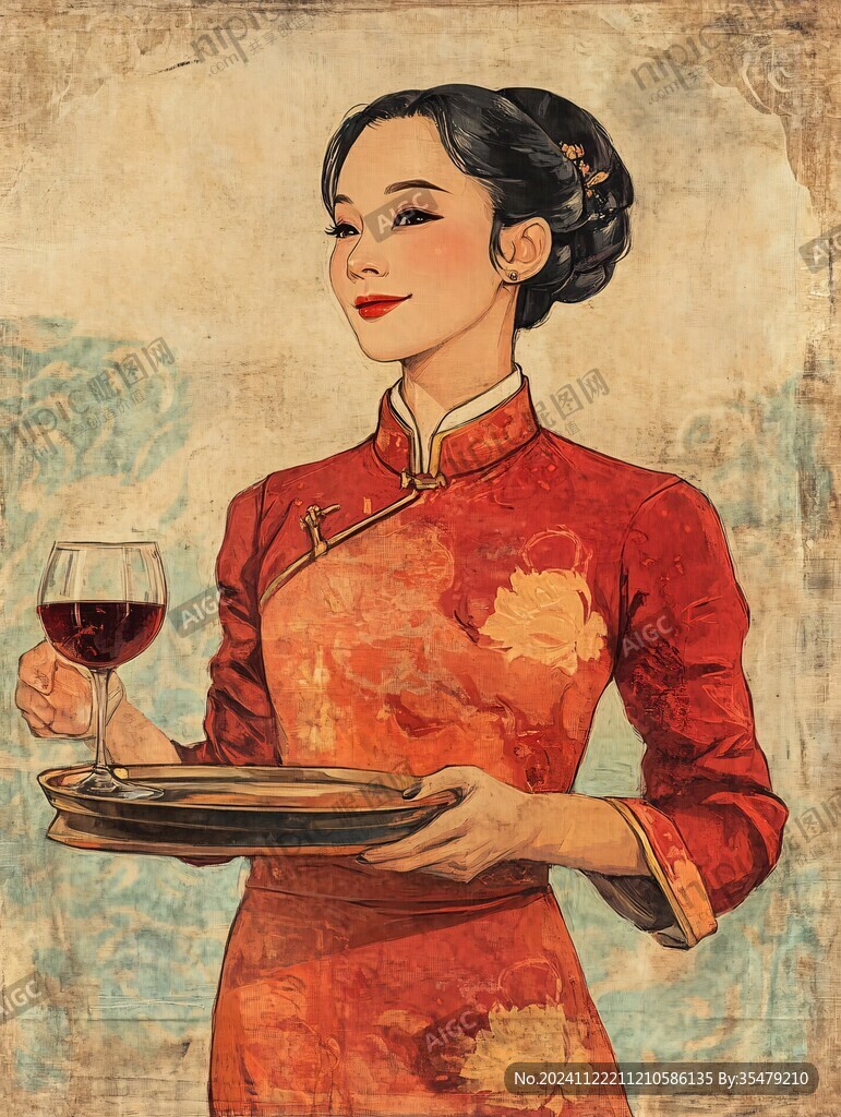喝紅酒的旗袍美女