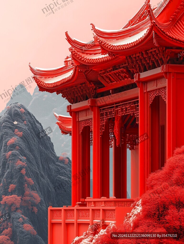 禪意山水畫紅宮墻