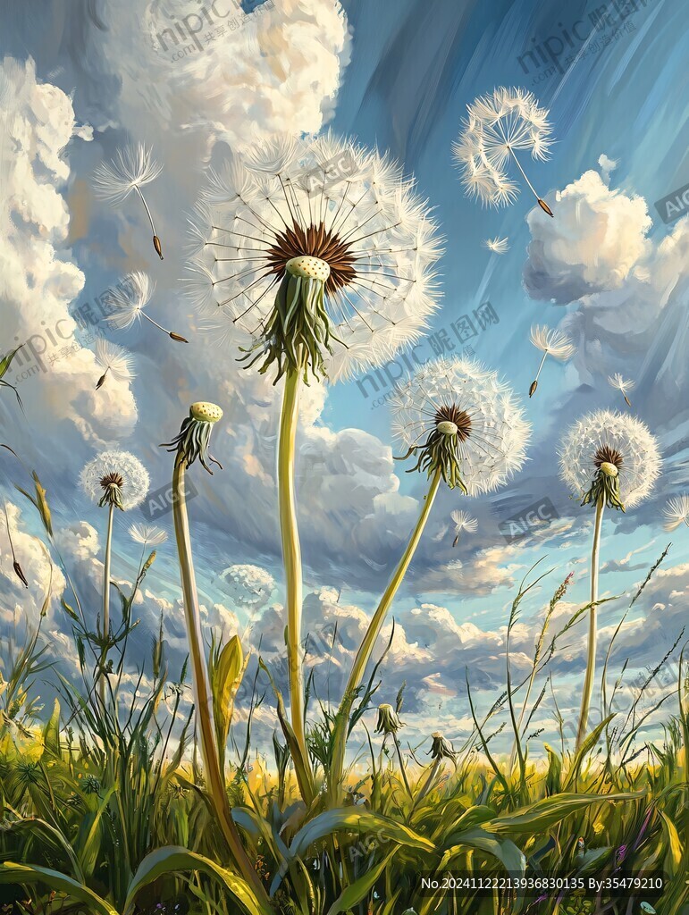 藍天白云鮮花油畫