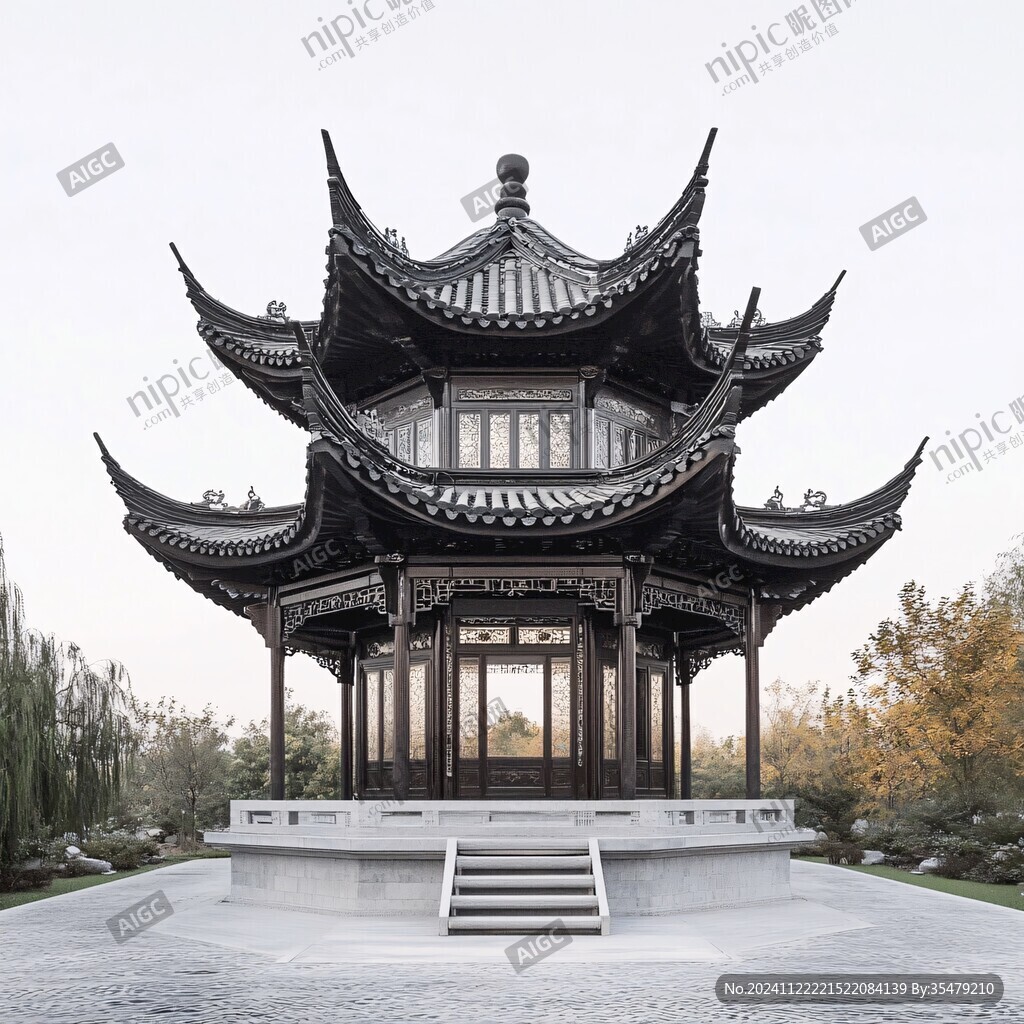 中式庭院六角亭