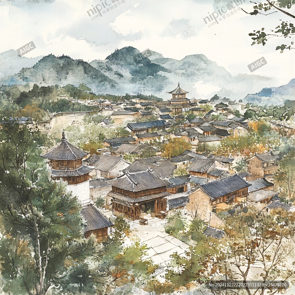 水彩橫店水墨橫店插畫