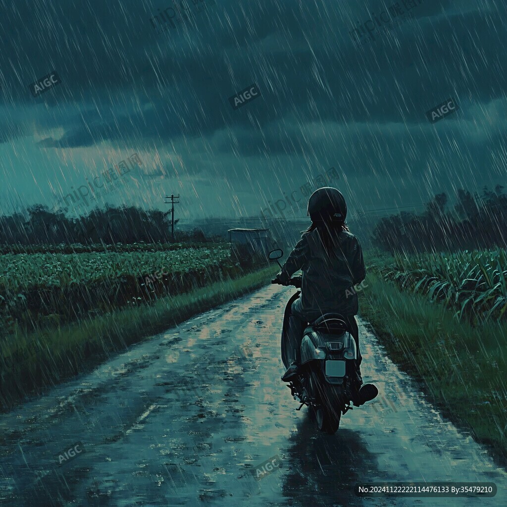 冒雨騎摩托車