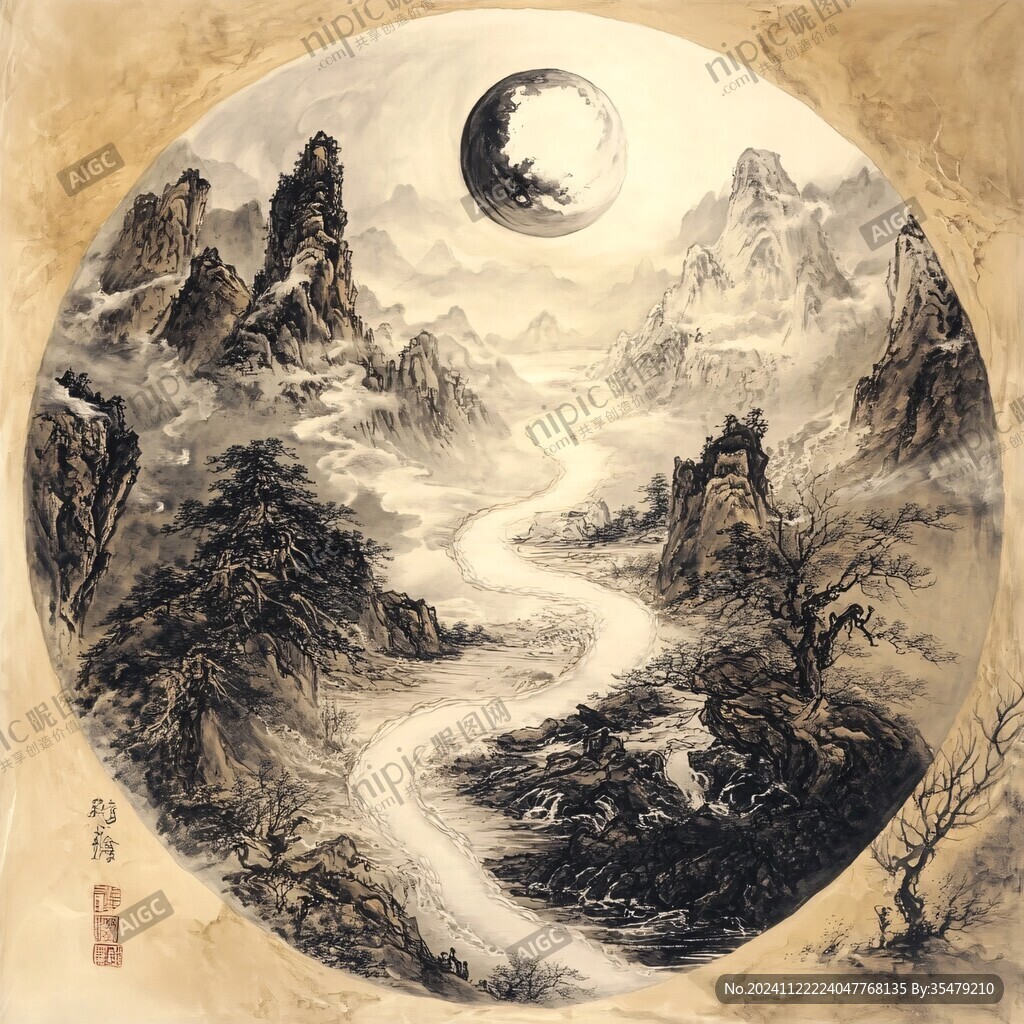 禪意山水圓形畫