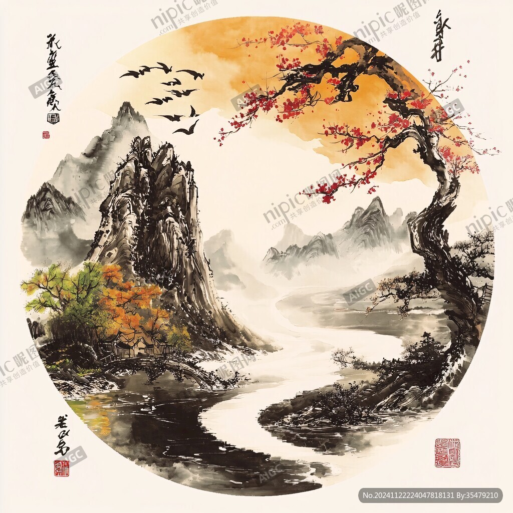 意境山水花鳥圓形畫