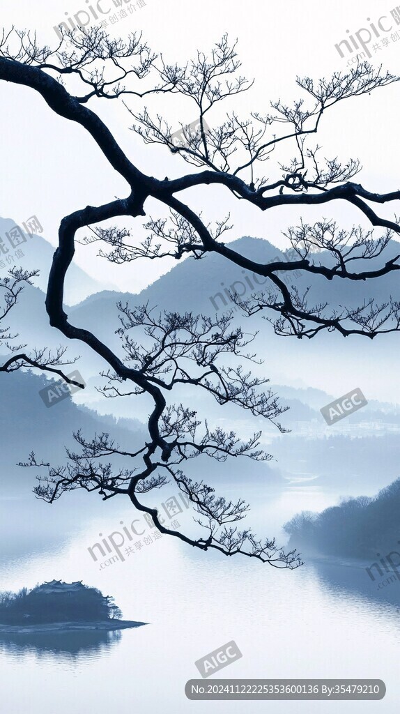 水墨山水倒影禪境