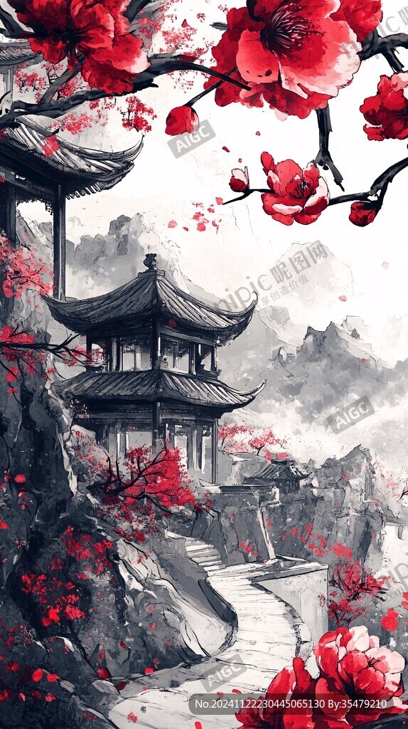 梅花綻放古風水墨風