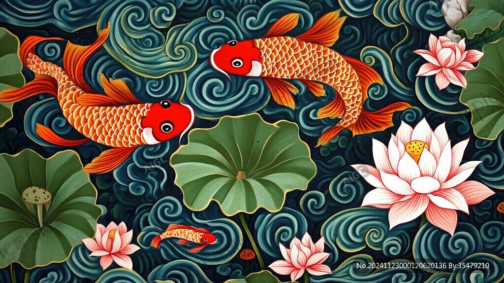 鯉魚荷花插畫