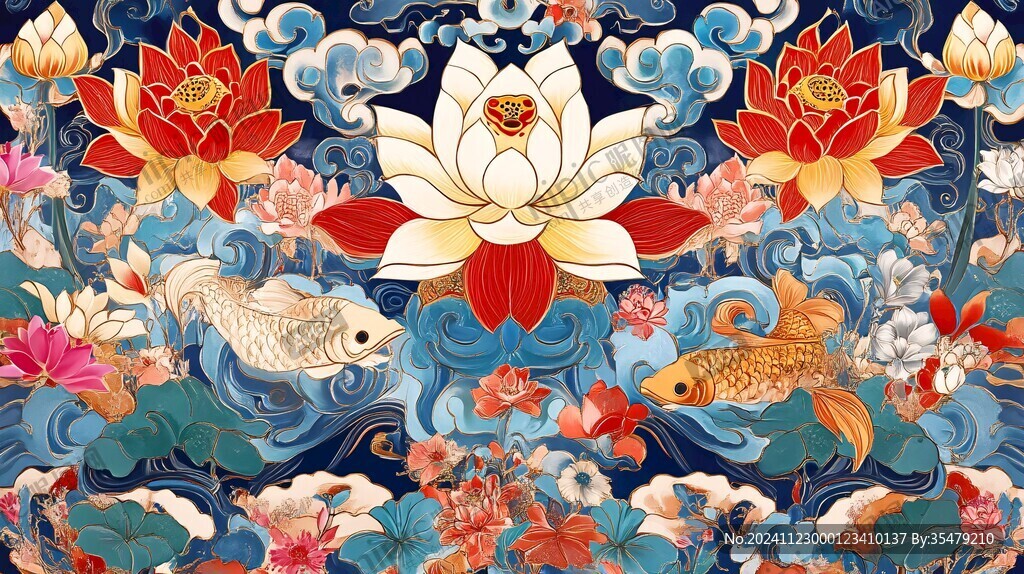 九魚(yú)荷花招財(cái)圖