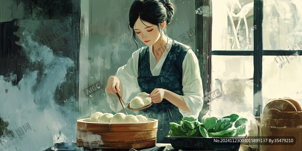 女孩蒸饅頭