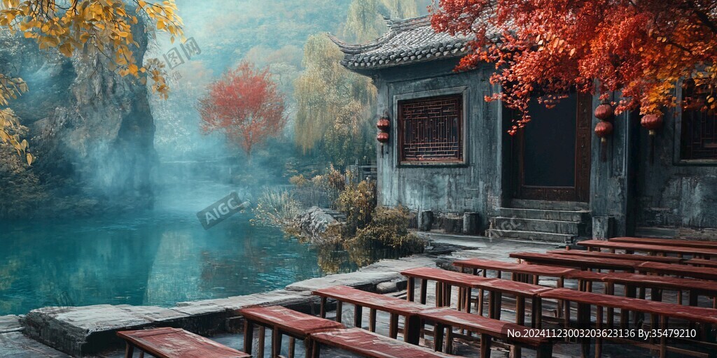 古典建筑園林秋景