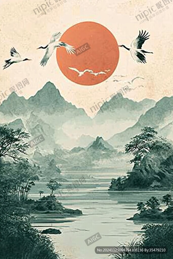 旭日東升仙鶴插畫(huà)