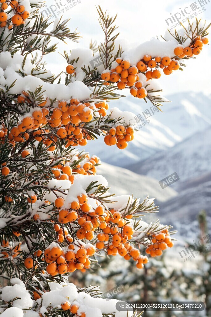 雪中樹上掛滿了果實