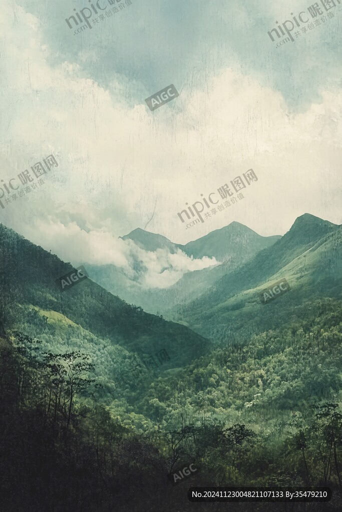 水彩畫山峰群山遠(yuǎn)山