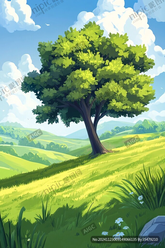 卡通綠樹草地背景