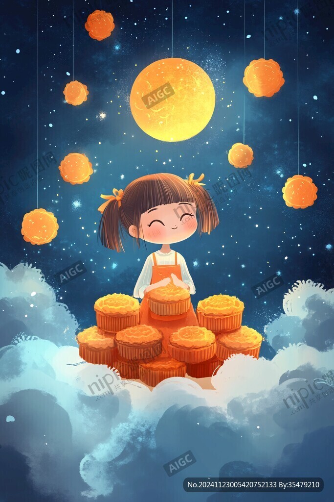 吃月餅的小女孩插畫