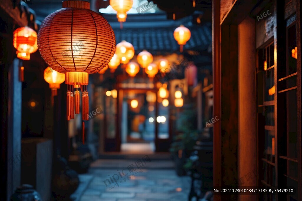 古鎮(zhèn)夜景復古燈籠