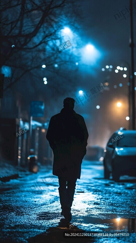 夜晚雨中行走的人
