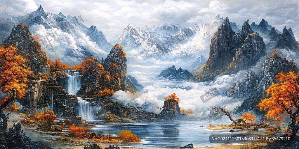 山水風(fēng)景油畫(huà)瀑布