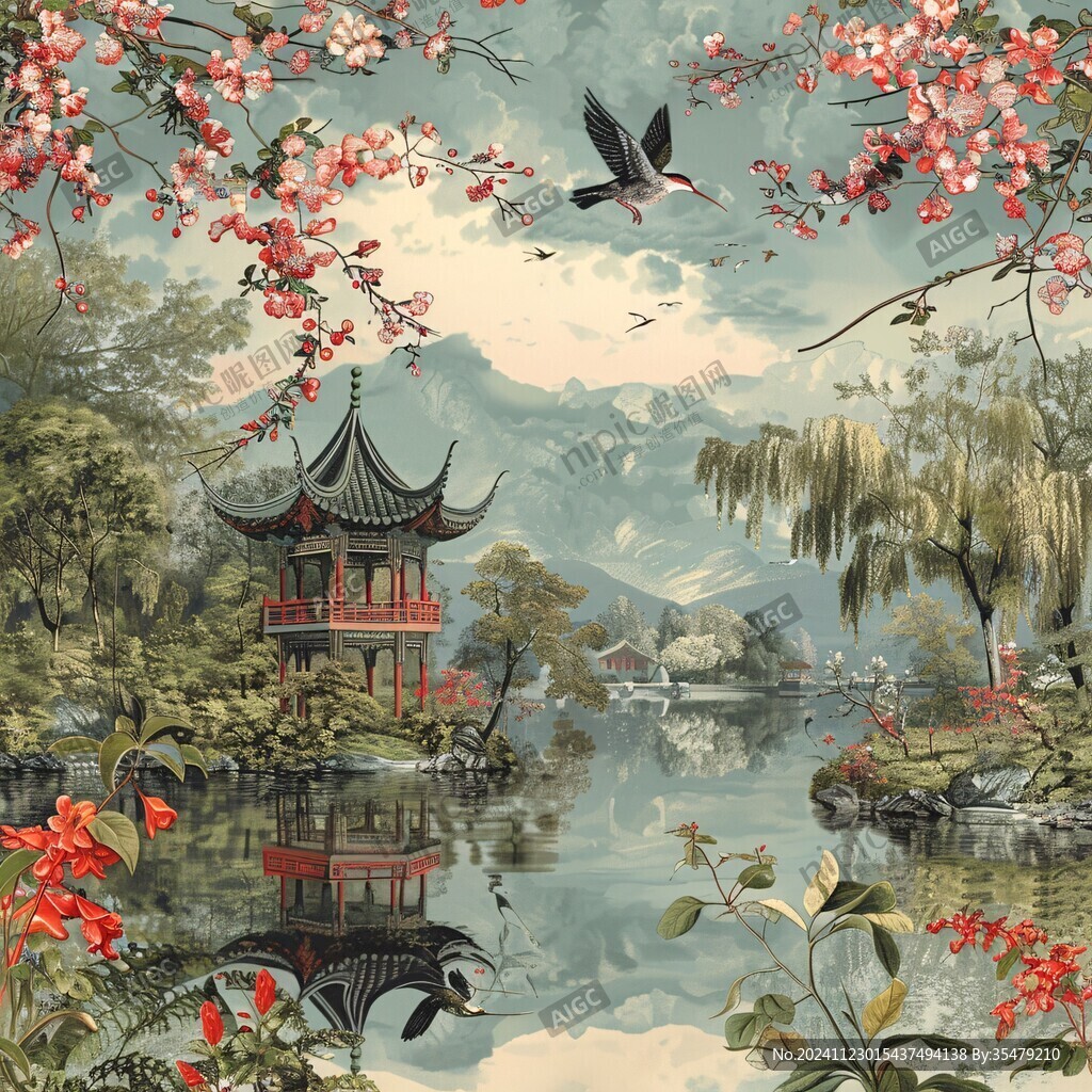 山水畫花鳥亭臺(tái)樓閣