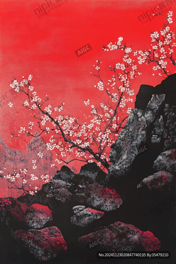 工筆手繪紅墻梅花