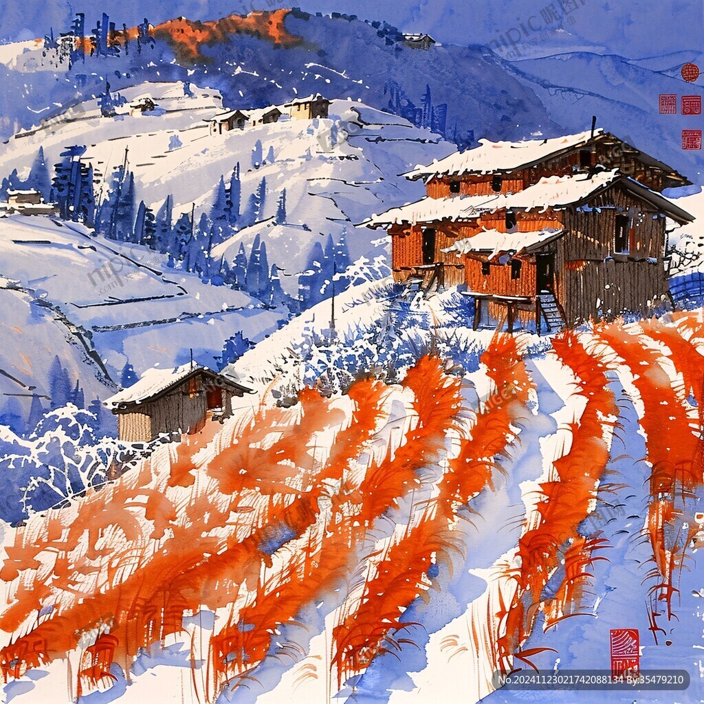 手繪山村雪景圖