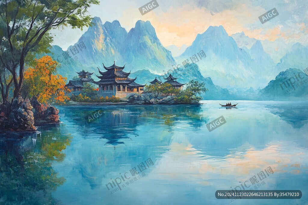 插畫橫店水彩水墨山水