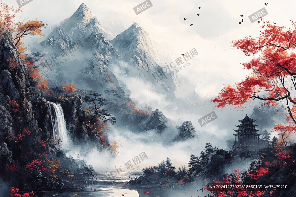 紅葉古風山水畫