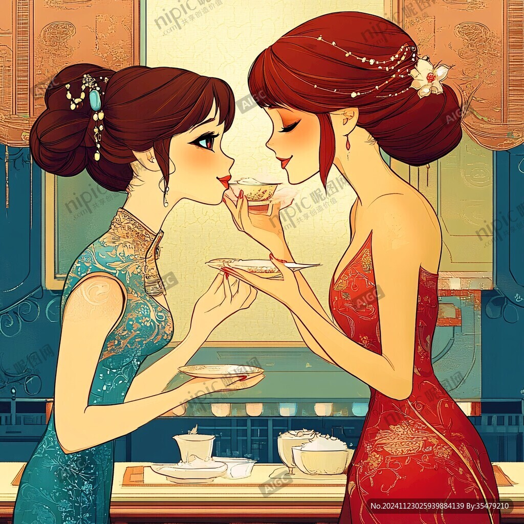 喝茶的旗袍美女插畫