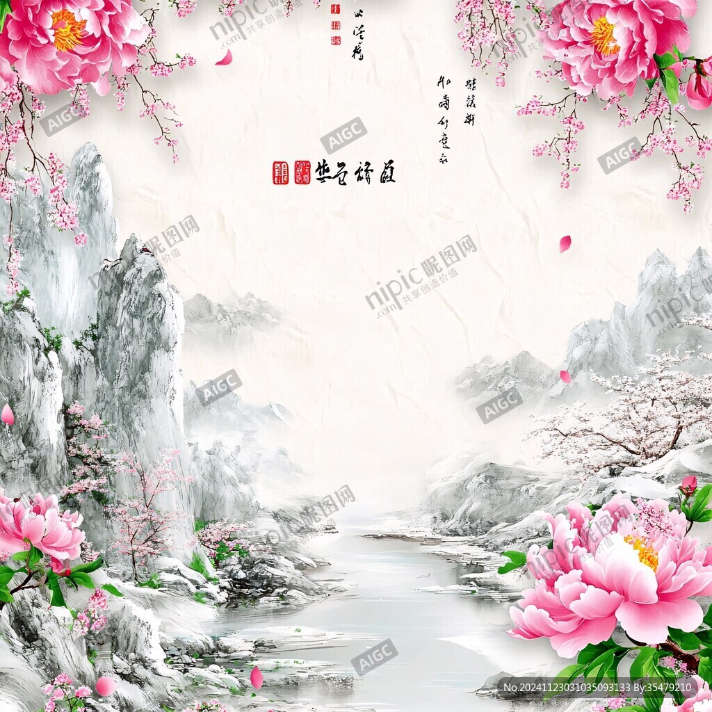 古意山水紅花背景墻