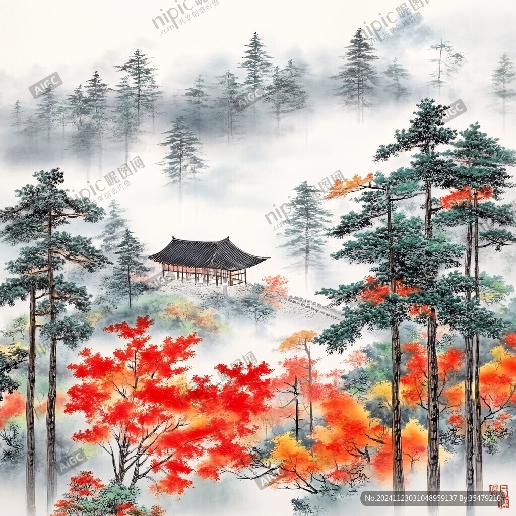 愛(ài)晚亭著名景點(diǎn)工筆畫(huà)