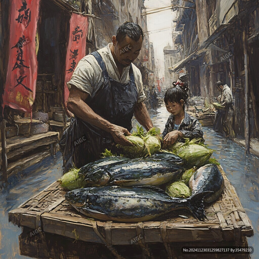 古代賣魚場景圖