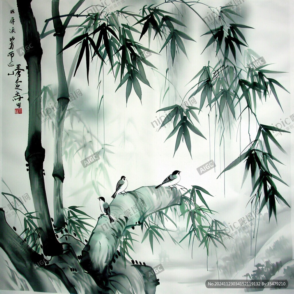 竹林仙鶴手繪工筆畫