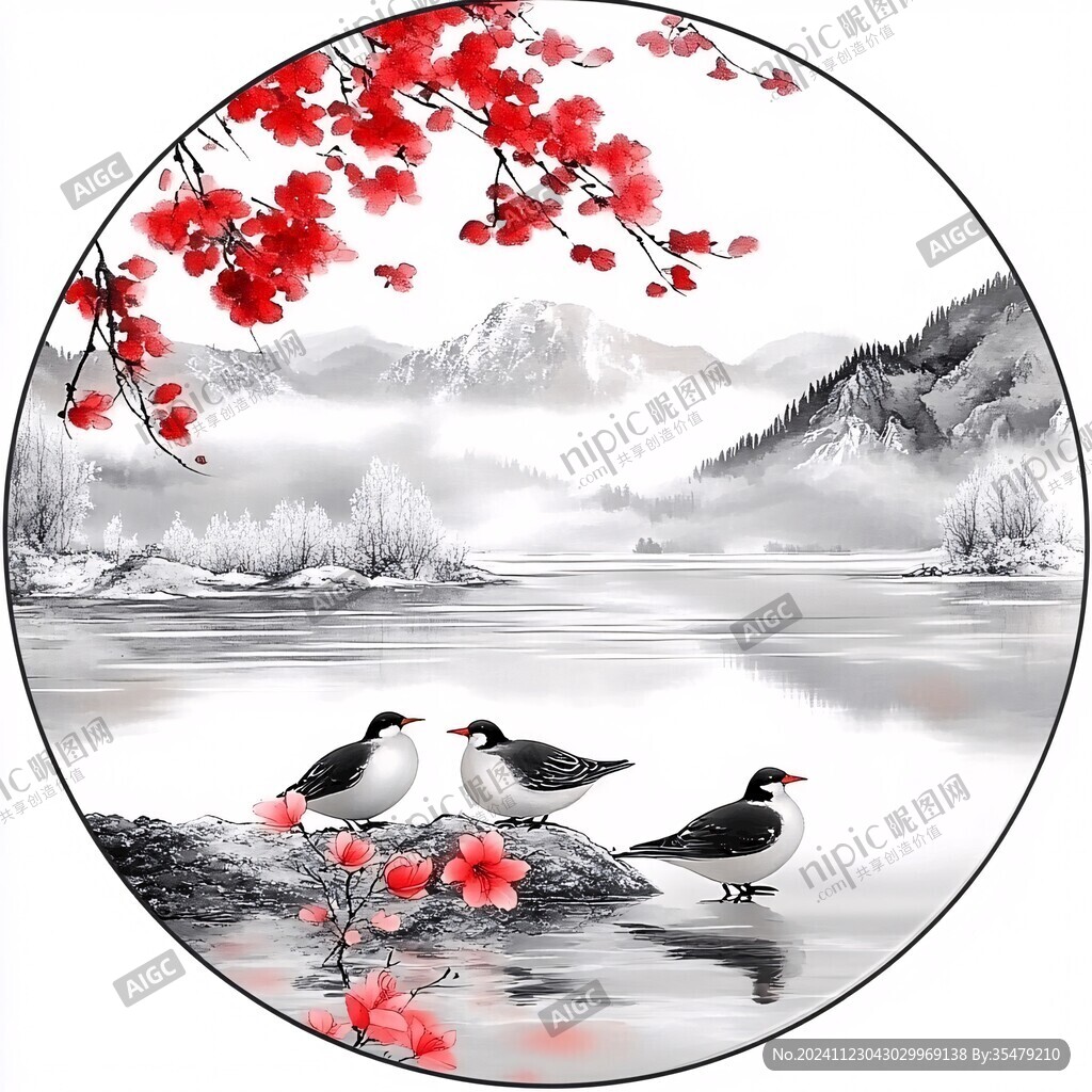 意境山水花鳥圓形畫