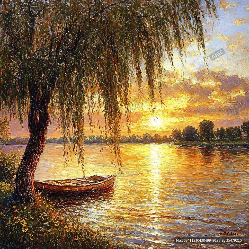 黃昏湖邊油畫