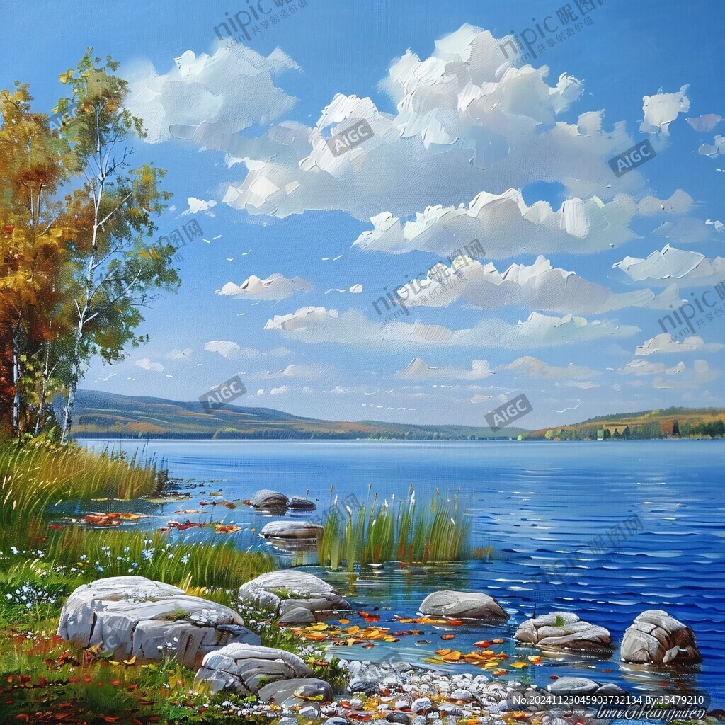 水邊美景油畫