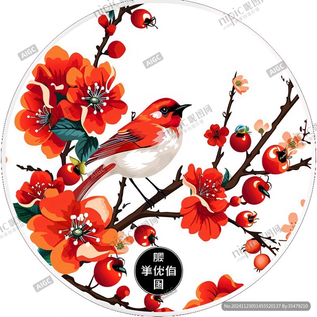 手繪梅花花鳥(niǎo)圓形框畫
