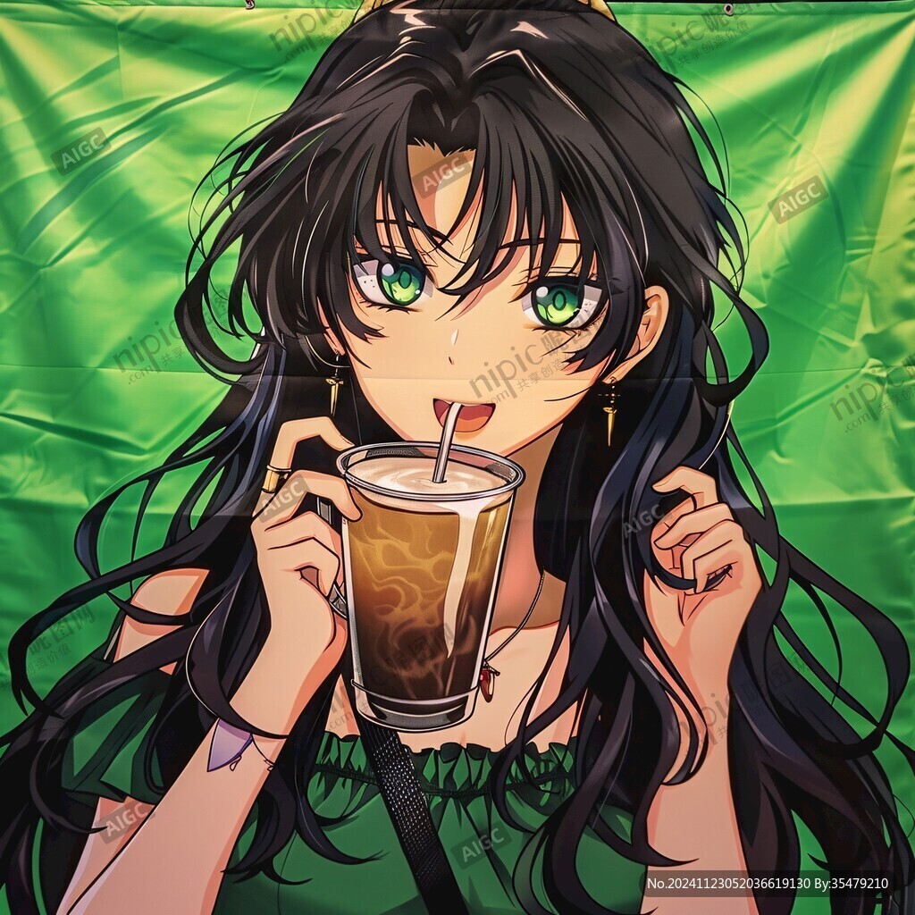 二次元女孩喝奶茶