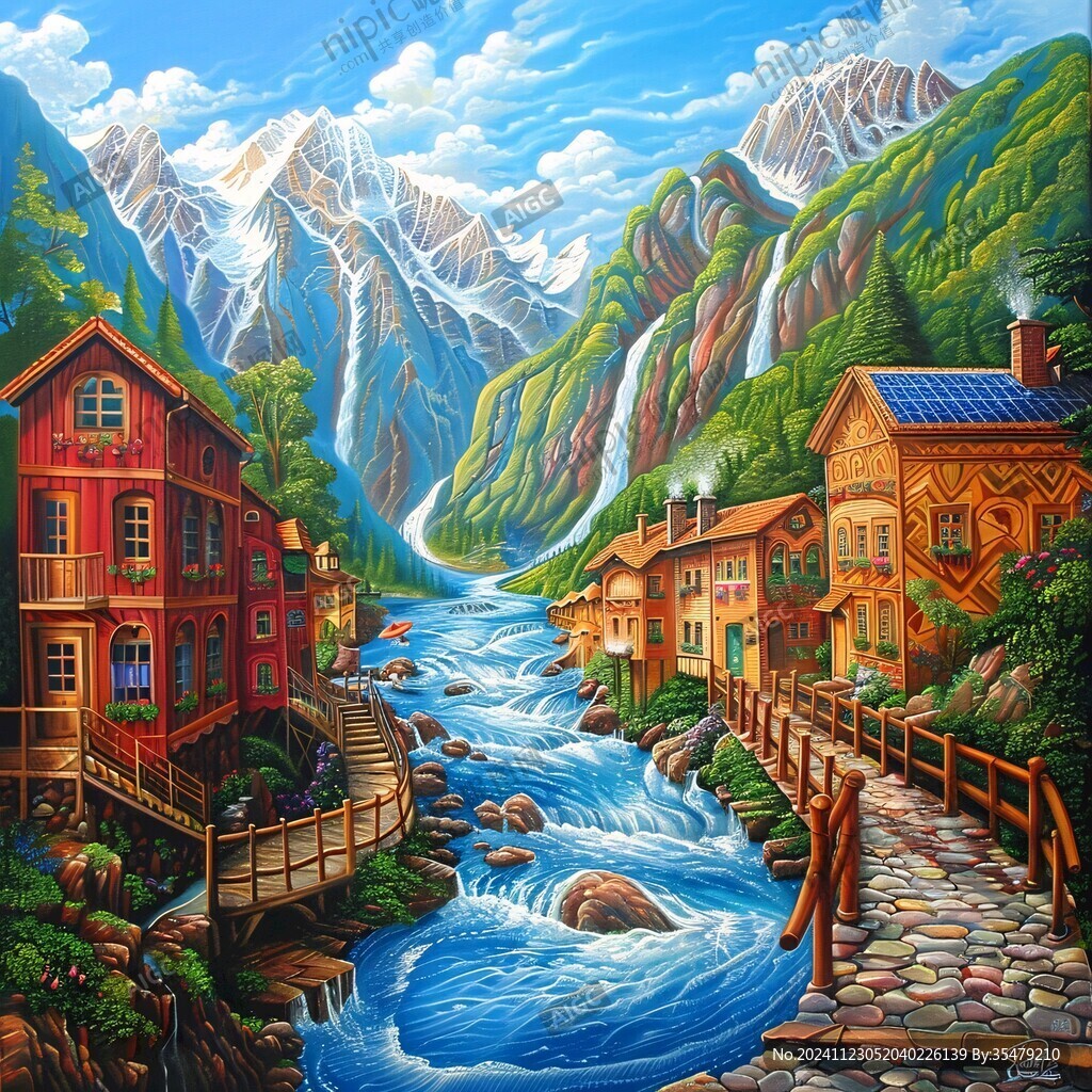 山川手繪油畫