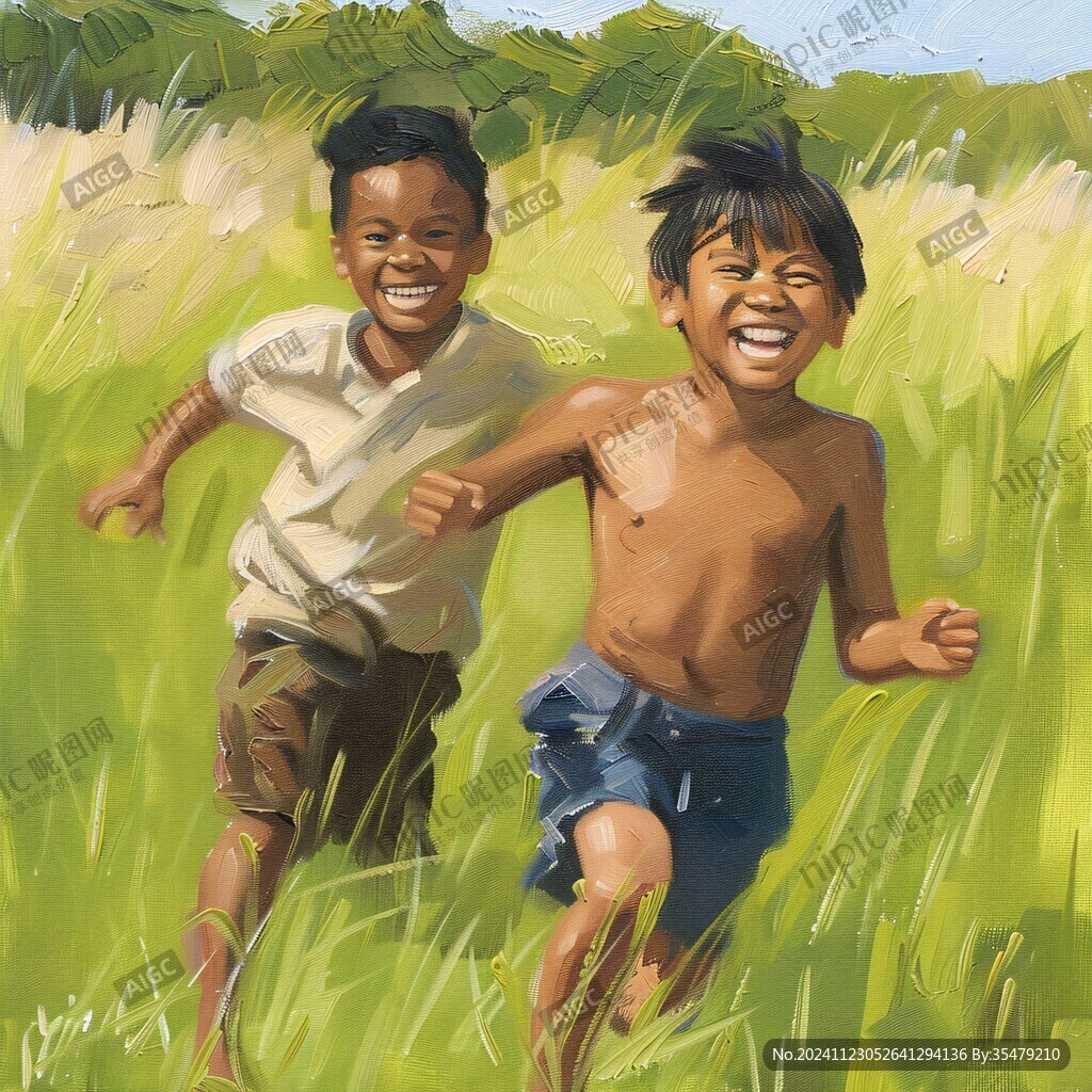 草地奔跑的少年插畫