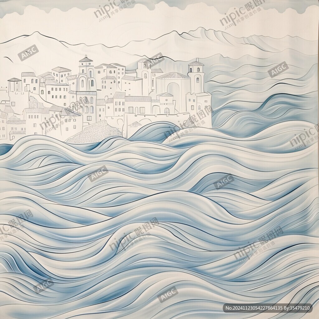 手繪插畫大海水波圖片