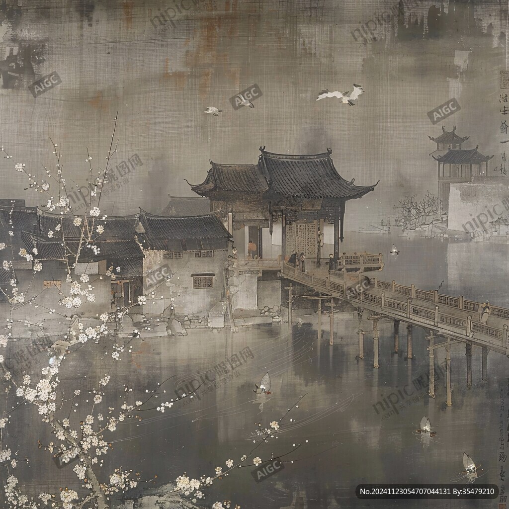 古風(fēng)亭臺(tái)樓閣油畫