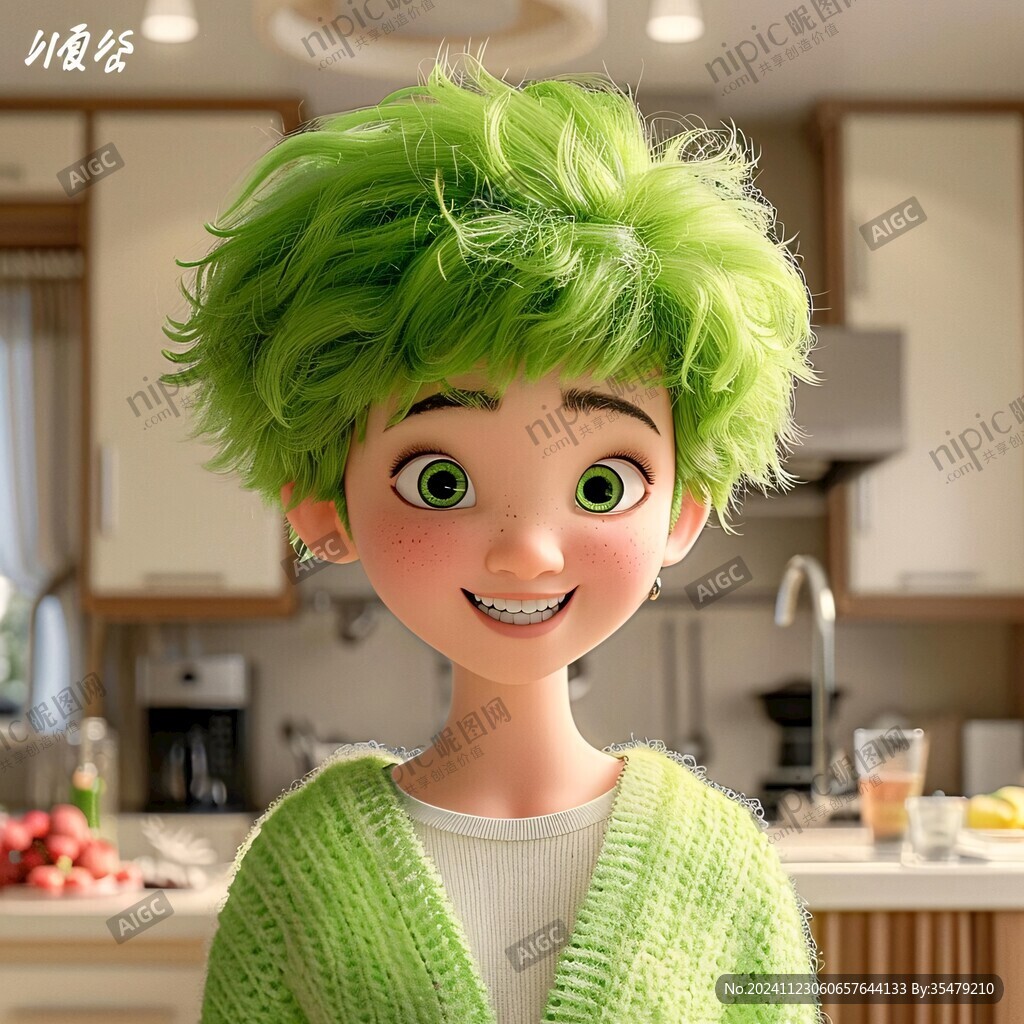 手繪綠色小女孩