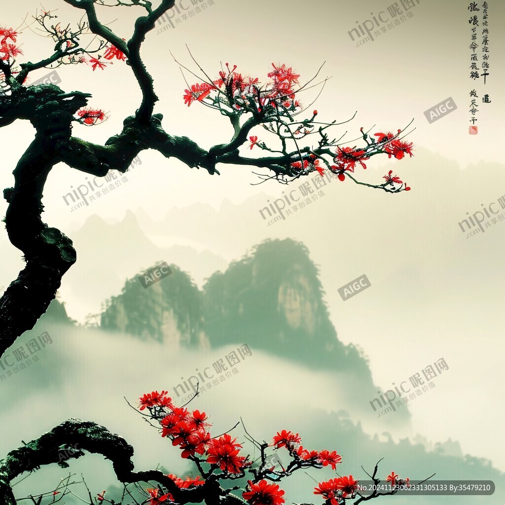 水墨映山紅