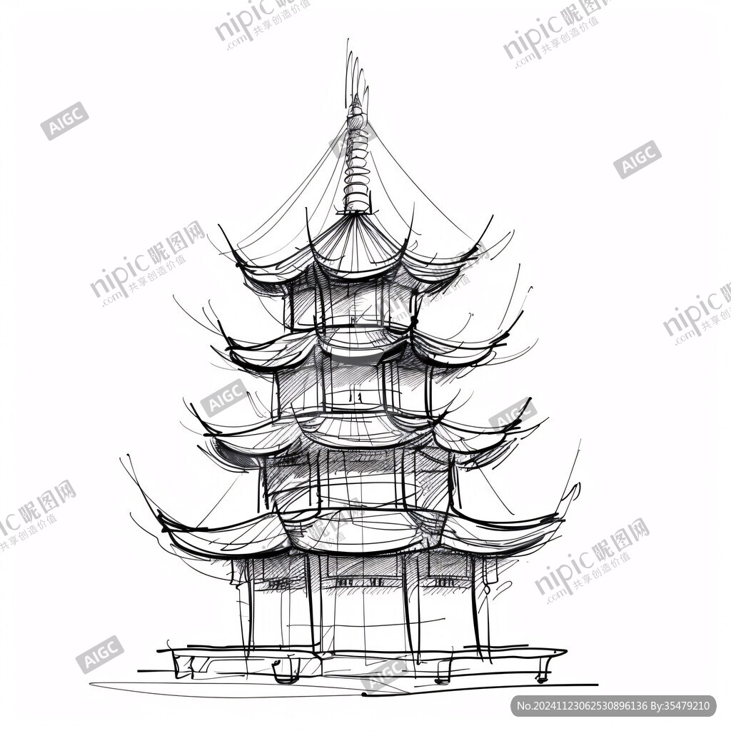 手繪雷峰塔插畫文件